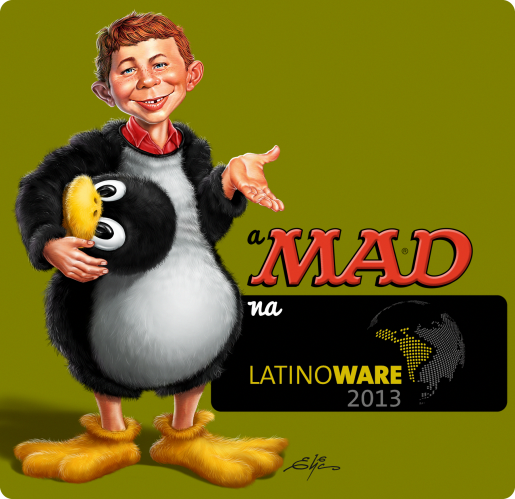 Ilustração reúne os personagens Neuman da revista MAD e Tux, mascote oficial do Linux